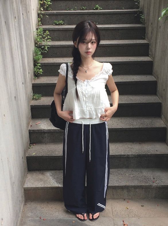 Deumyo Color Matching Track Nylon Banding Wide Pants
