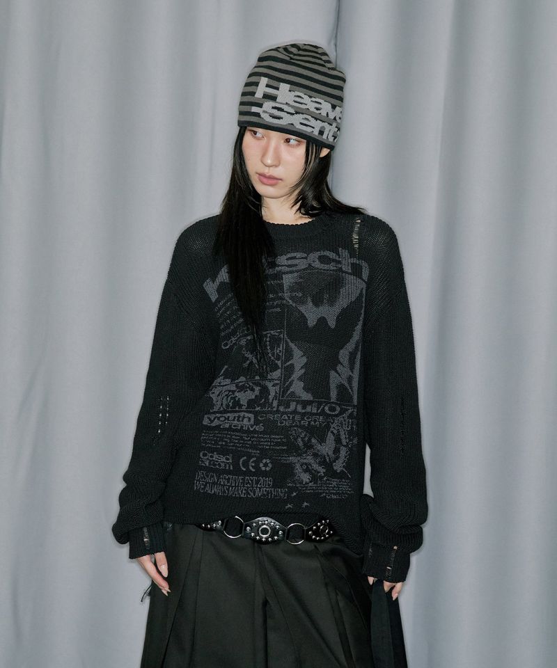 Grunge Angel Graphic Damage Knit - BLACK