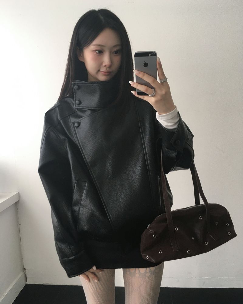 High neck leather jacket