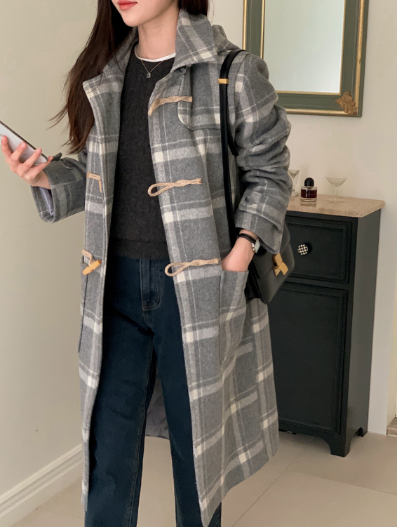 [SHOPPERMADE] Ash Gray Check Wool Long Duffle Coat