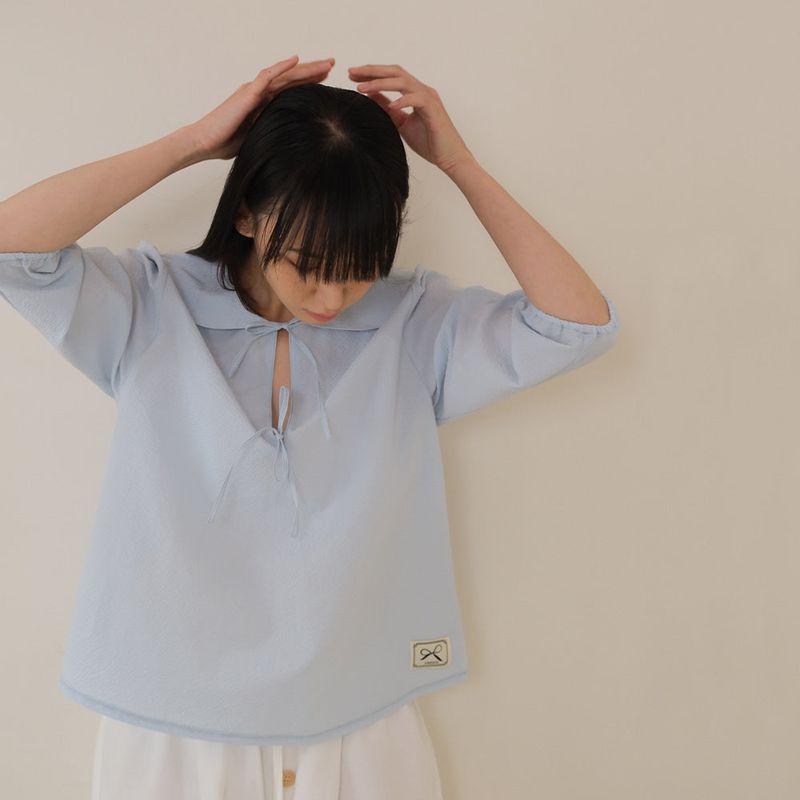 Sky Blue Seersucker Ribbon Blouse