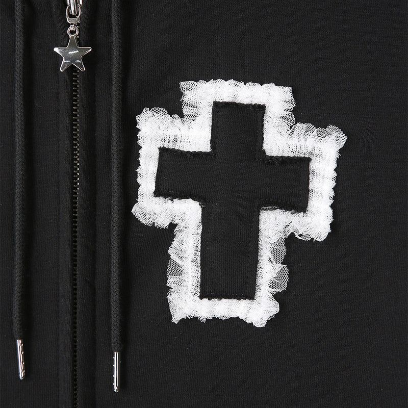 Cross Bunny Ear Zip-Up Hoodie - Black