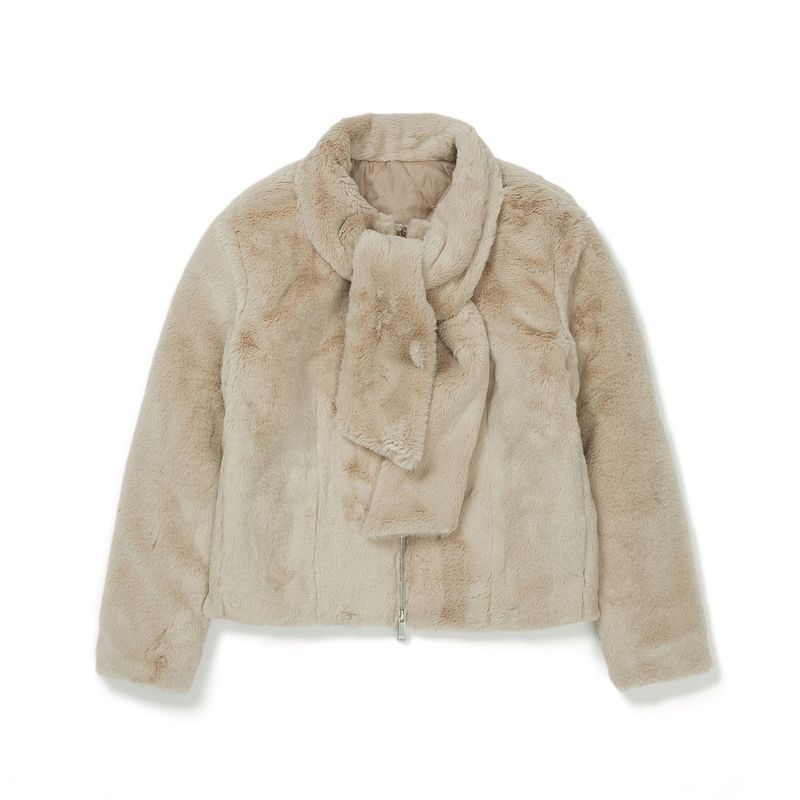 フラッフィーボータイファージャケット / Fluffy Bow tie Fur Jacket [BEIGE]