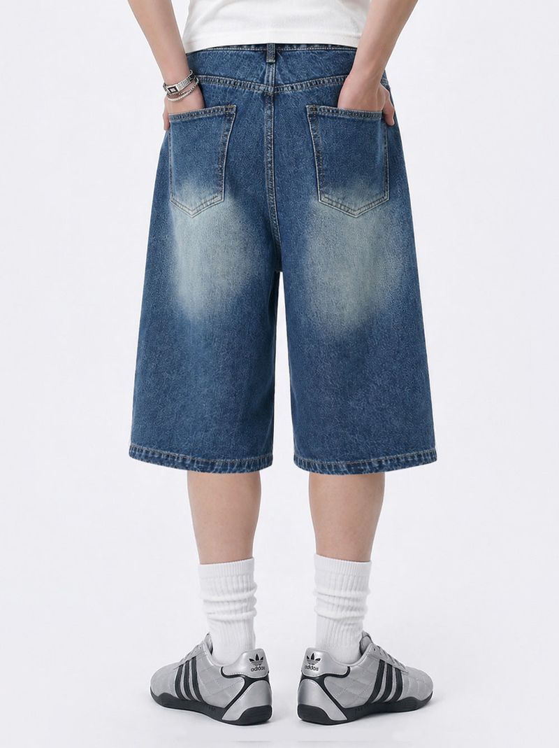 basic washing bermuda denim pants (deep blue)