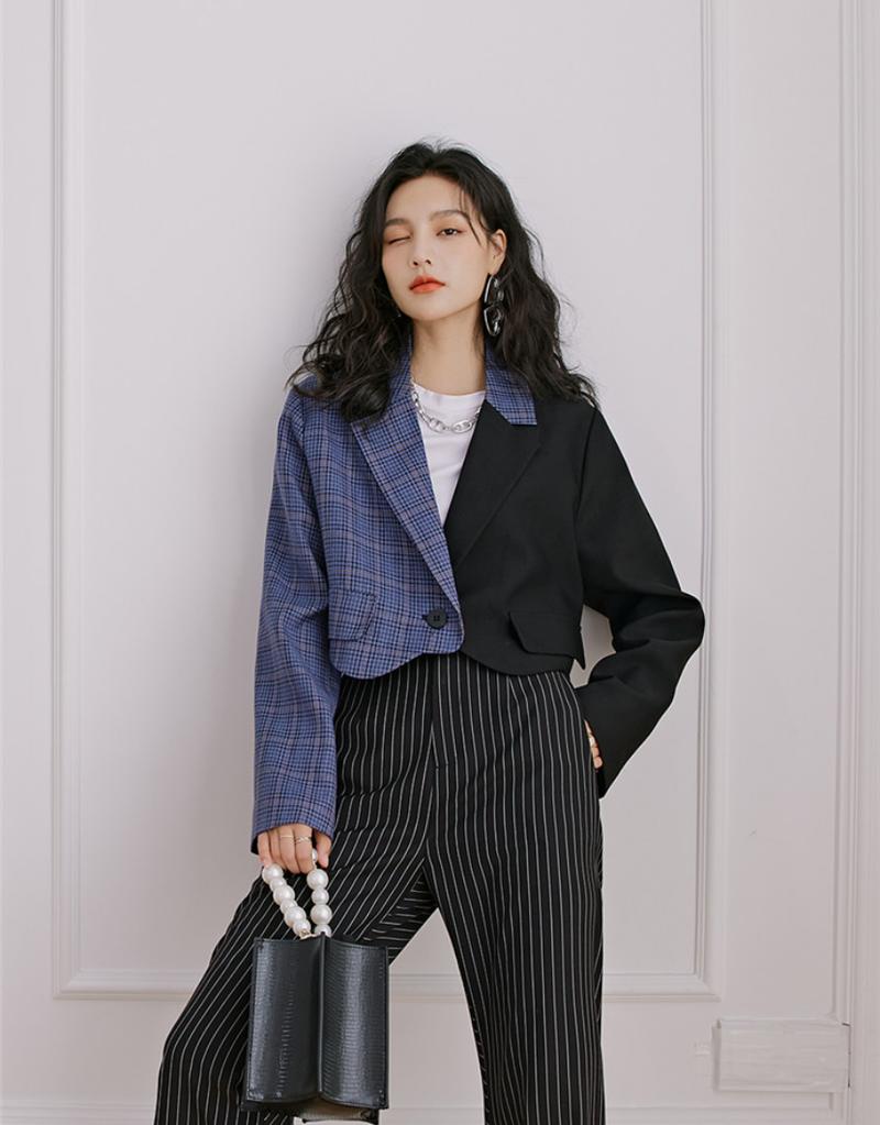 Blue check pattern unbalanced tailored short jacket