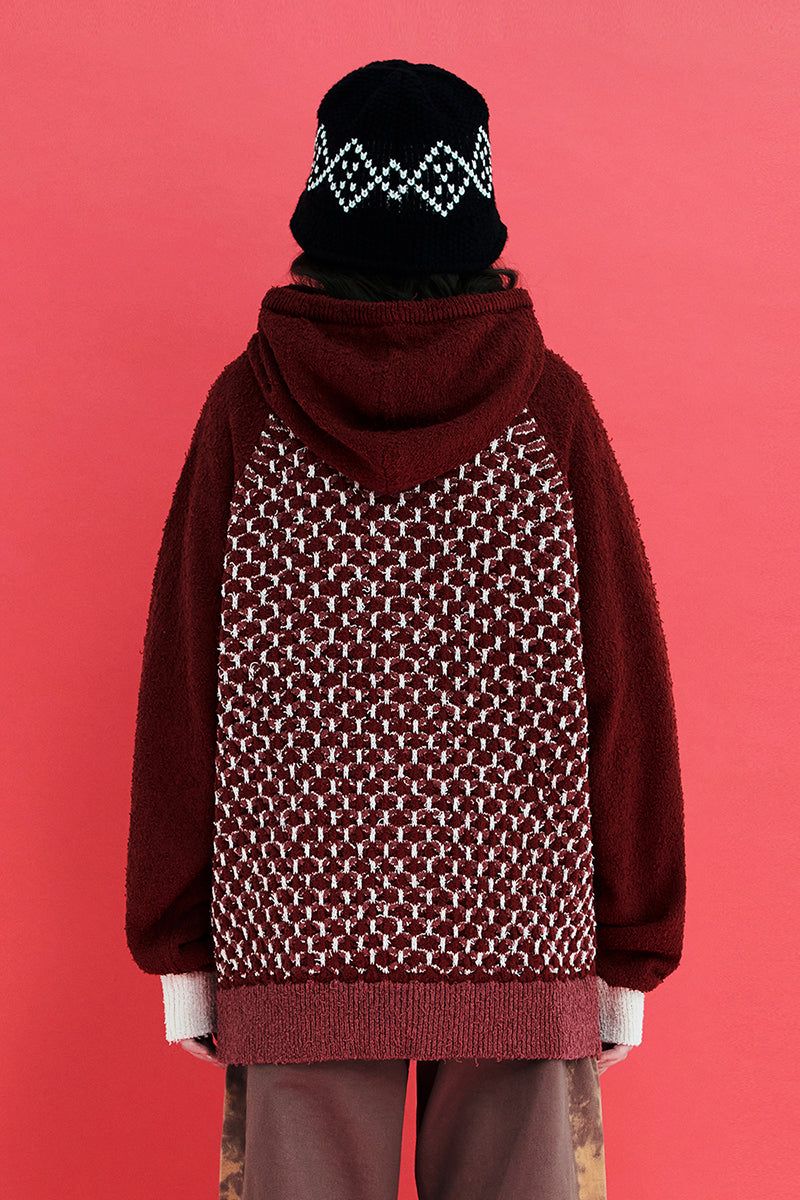 EMBOSSING CLOVER KNIT ZIP-UP HOODIE / RED