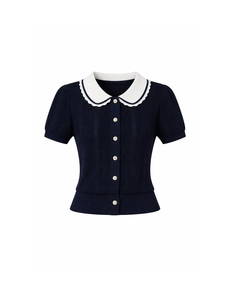TWEEDY-A（ツウィーディア）の「デイジースカラップカラーコントラストショートスリーブニットカーディガン Navy（トップス）」