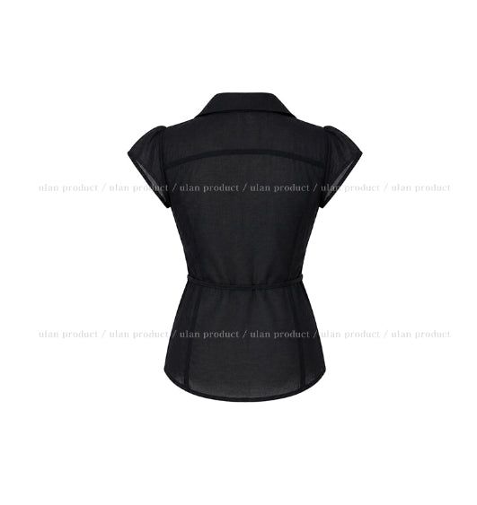 Rib Unbalanced Button Sheer Blouse