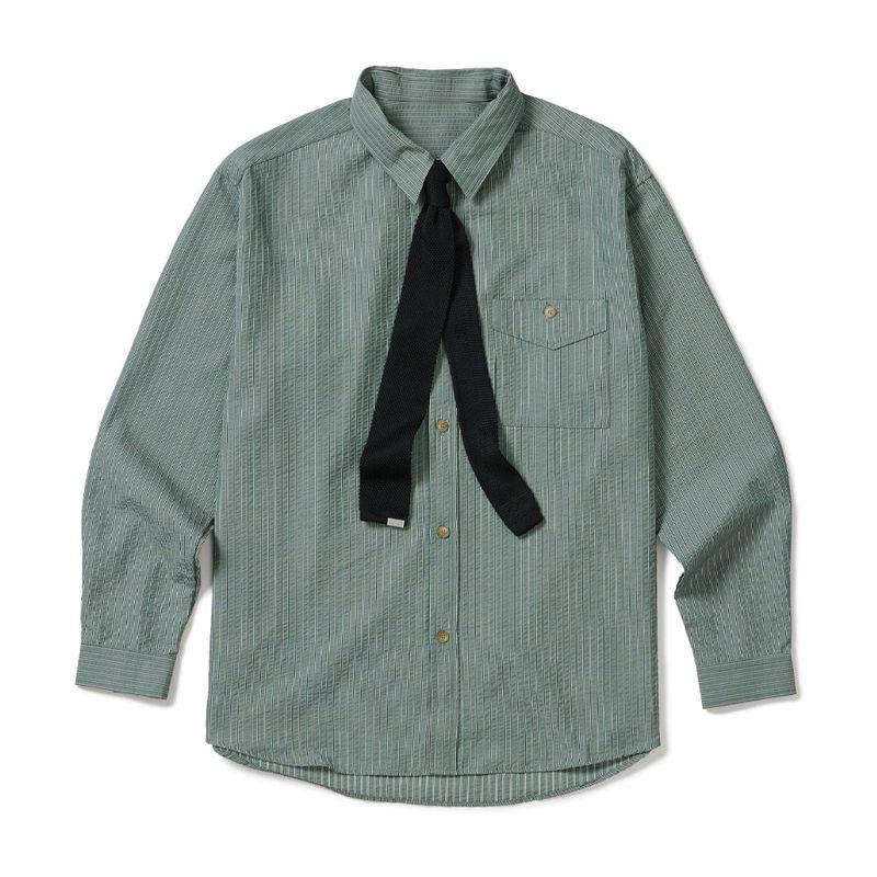 [SET] everyday stripe shirt & square tip knit tie green