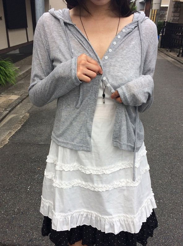 Ern Slim Button Hood See-Through Cardigan