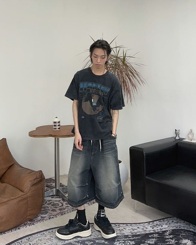 Epearl pintuck Bermuda denim pants