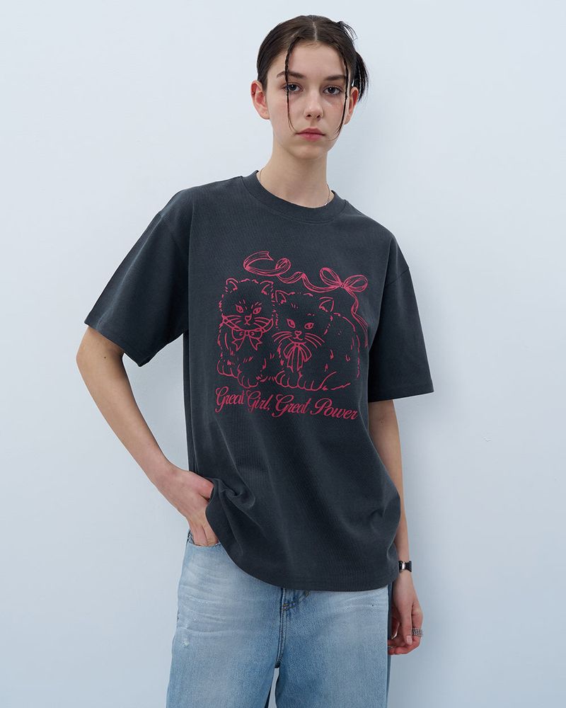 RIBBON CATS TSHIRT-CHARCOAL
