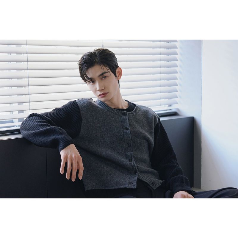 Layered wool knit cardigan(Black)