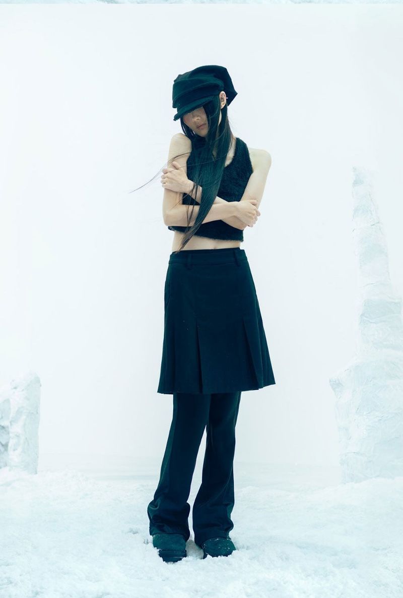 Pleated Jersey Skirt Pants / Black