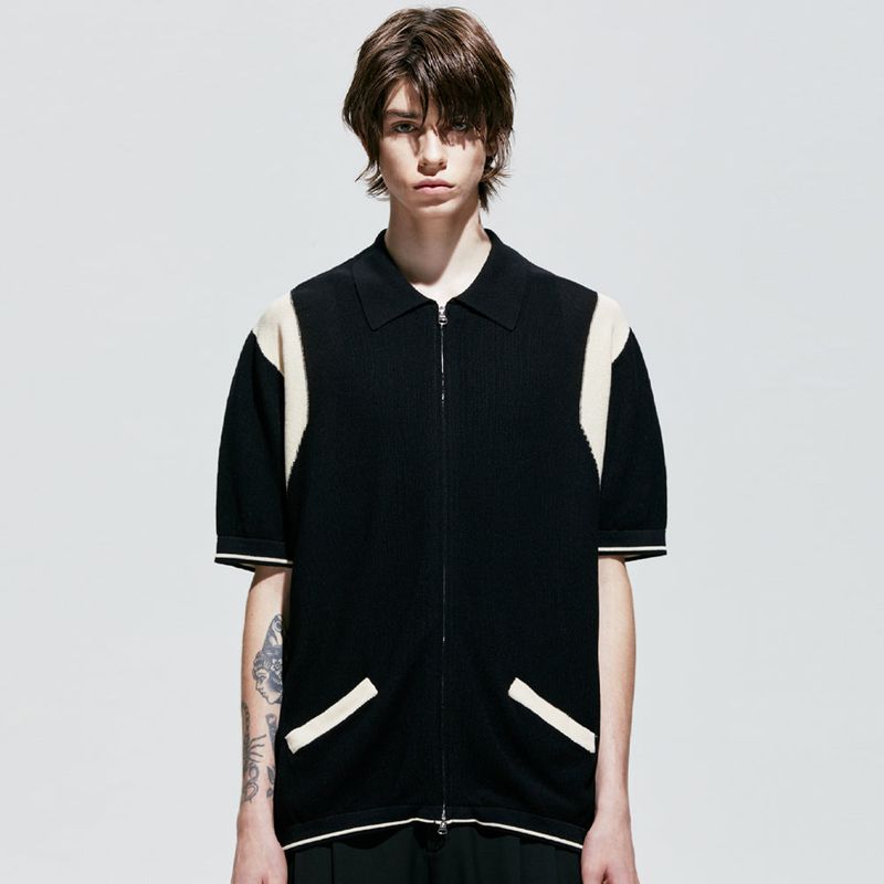 varsity half knit zip-up black
