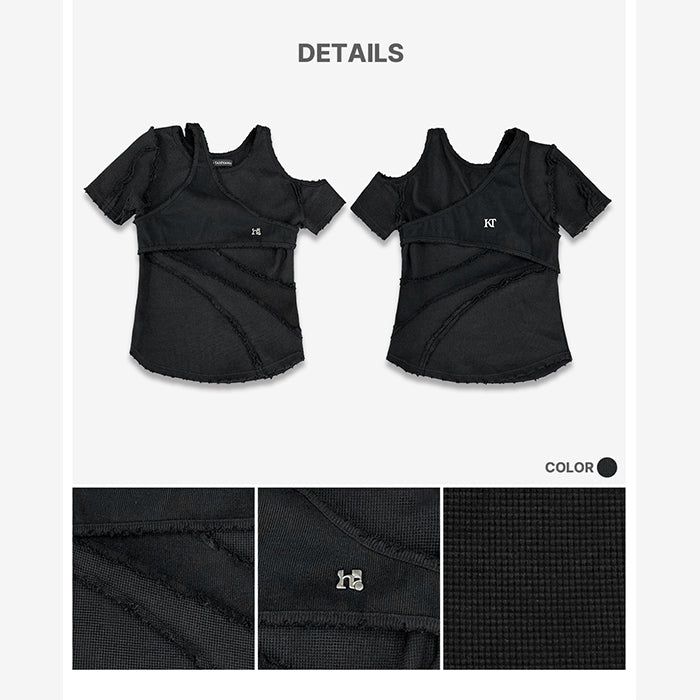 レイヤードオフショルダースリムTシャツ