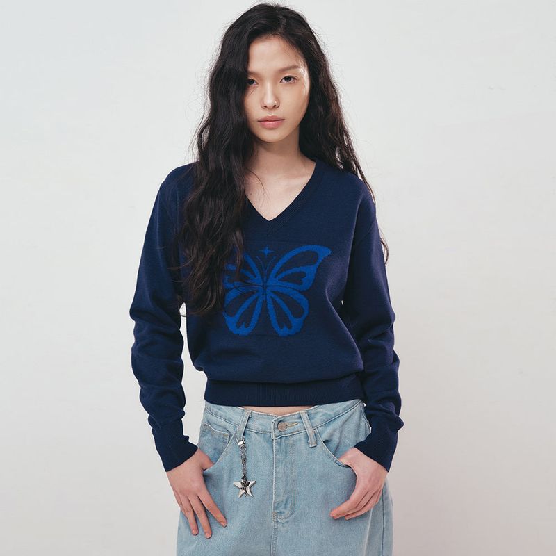 NICK&NICOLE（ニック＆ニコール）の「BUTTERFLY V NECK JACQUARD KNIT_NAVY（Tops）」