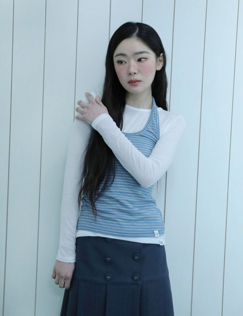 UGLYSHADOW（アグリーシャドウ）の「STRIPED HALTER NECK LAYERED T-SHIRT(BLUE)（Tops）」