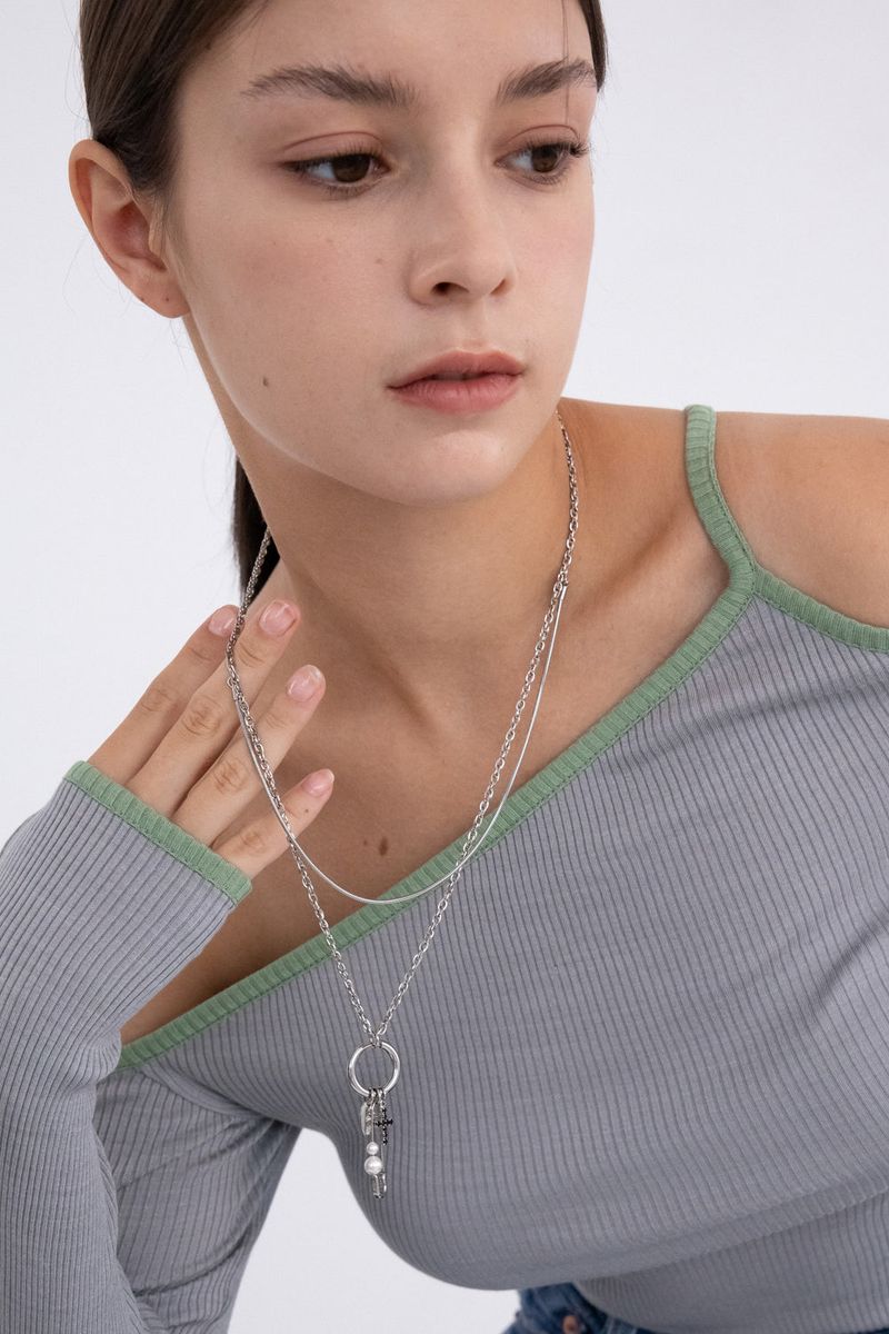 [Unisex] 2 different texture chain layered necklace