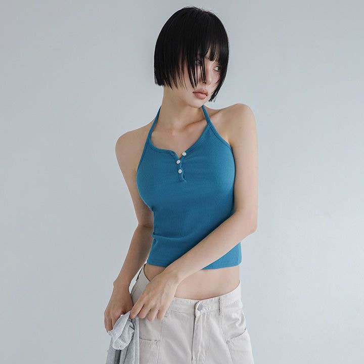 [Ketean] Golgi Halter Neck Button Sleeveless Top -4color