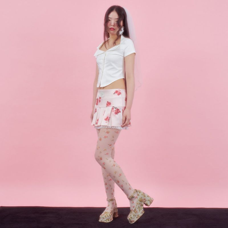 FLORAL LACE PLEATS SKIRT [PINK]