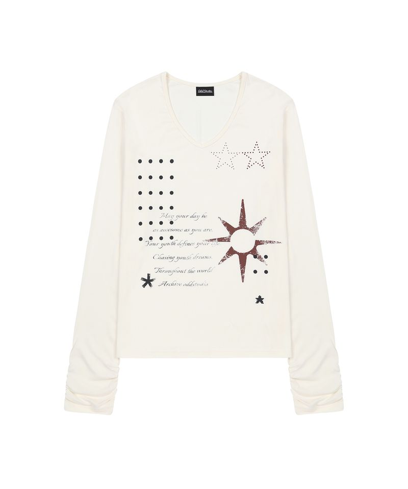 V-Neck Shirring Star Long Sleeve - CREAM