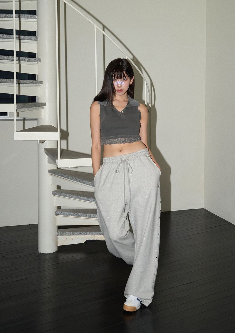 (2nd reorder) stud lace pk top - charcoal