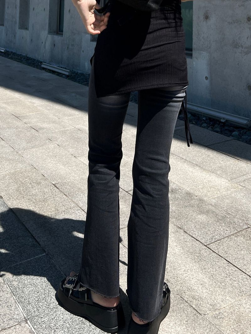 Gradient Washed High Waist Span Long Bootcut Denim Pants (Black)
