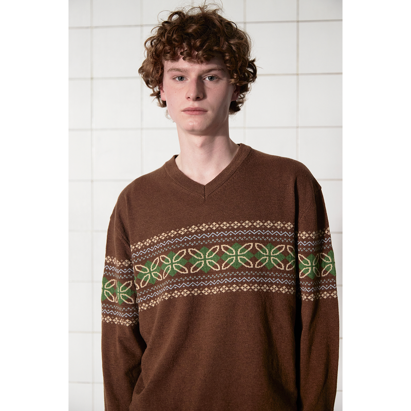 CLOVER ARGYLE V NECK KNIT / BROWN