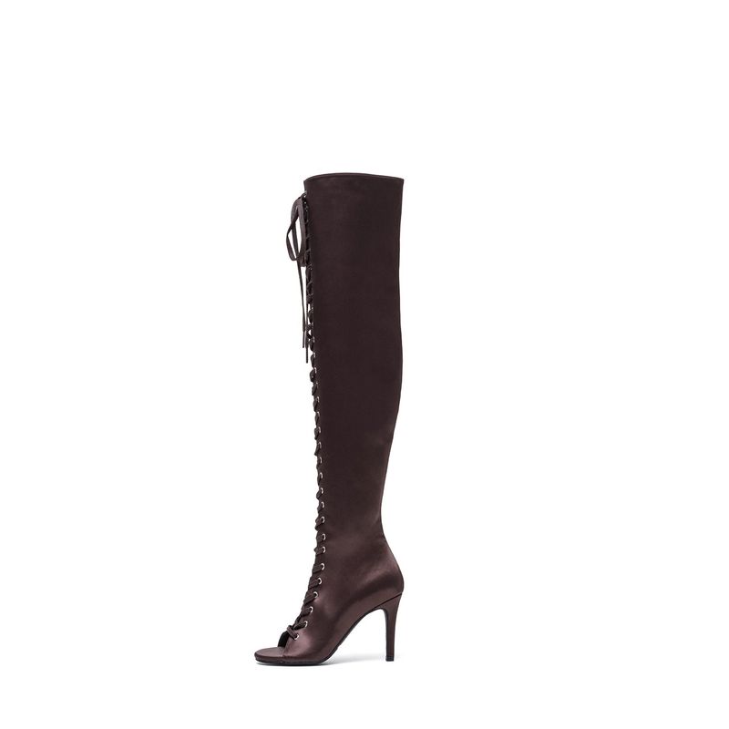 Satin Lace-Up Open Toe Boots Heel(Brown)