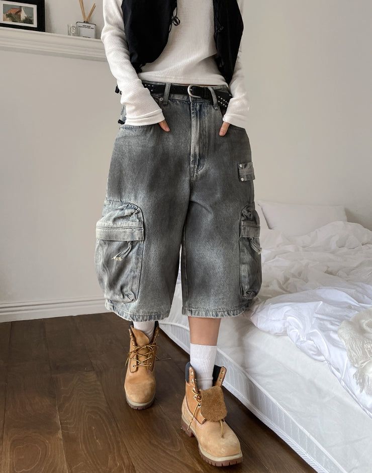 Burn dirty washing utility pocket bermuda pants