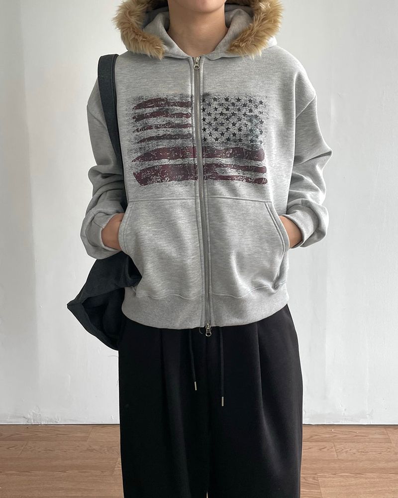 Flag Crop Napping Zip-up Hoodie