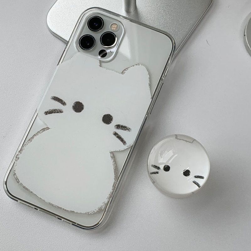 スケッチサムキャットホワイトビードスマホグリップ