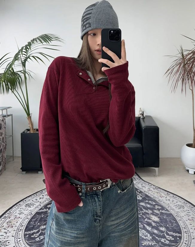 SATIIIZ(サティーズ)の「DN Henley Neck Waffle Long Sleeve T-shirt(Tops)」