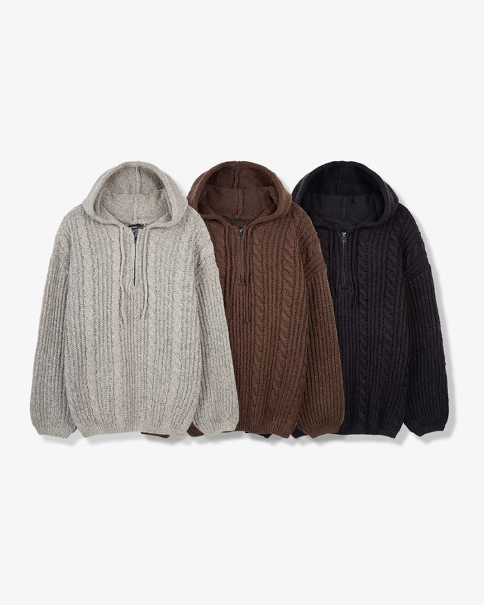 (UNISEX) Follow Half Zip Cable Knit Hoodie