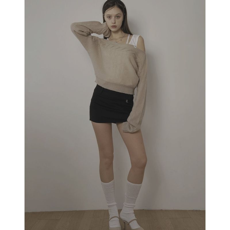 CABLE BOAT NECK KNIT-BEIGE