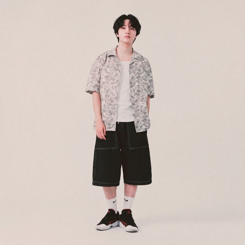 botanical drawing open collar shirt_ivory