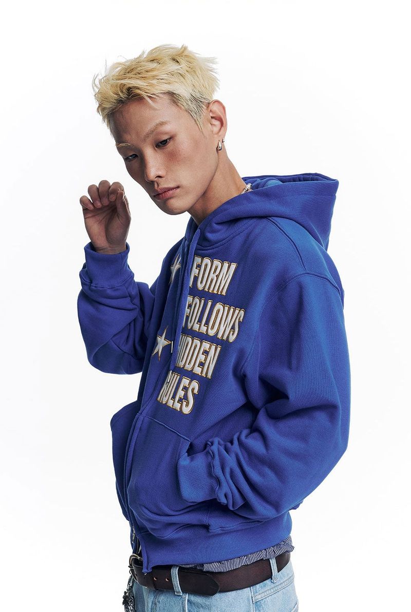Star Lettering Patch Hoodie Zip-Up - Blue