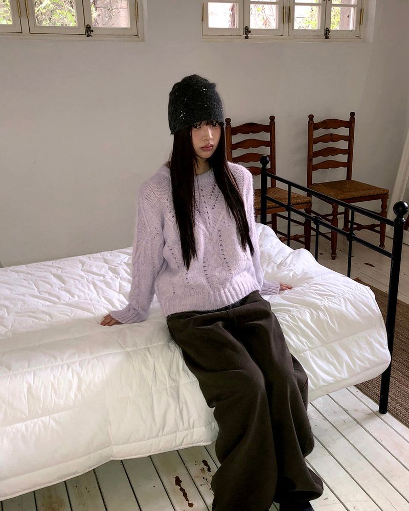 Neha Loose Wool Cable-knit Round-neck Sweater