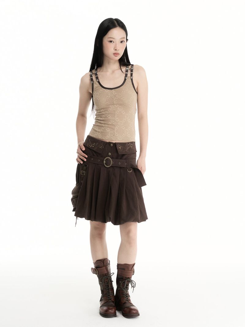 CONFUN Retro Metal Leather Buckle Decorated Floral Jacquard Fabric Color-Contrasting Edged Knitted Tunic