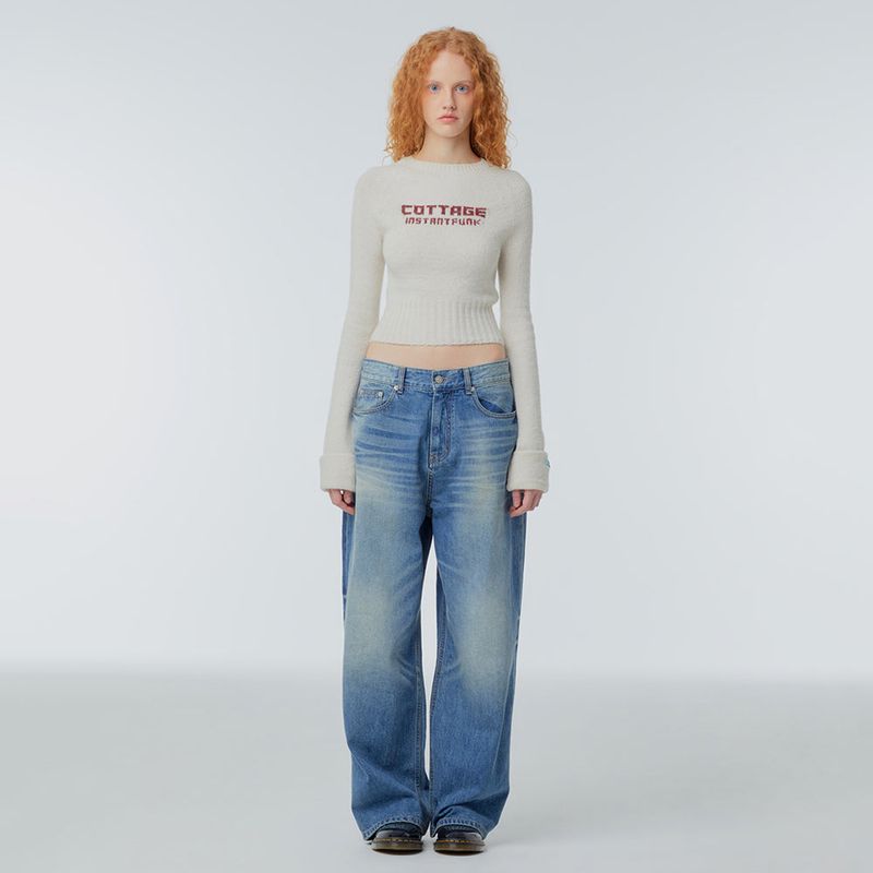 Cropped needlework wool-blend sweater