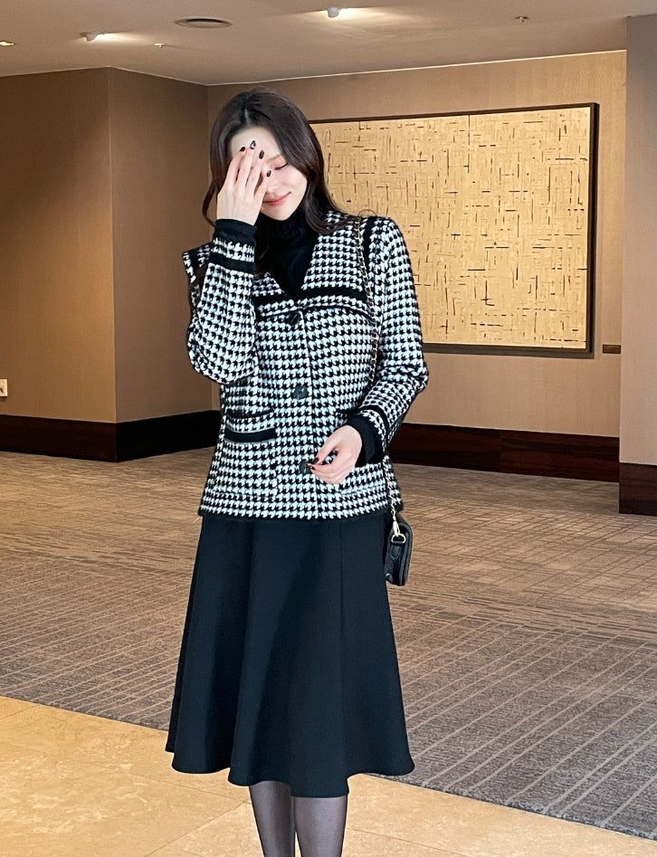 Marron Sailor Collar Hound Check Knit Jacket Cardigan