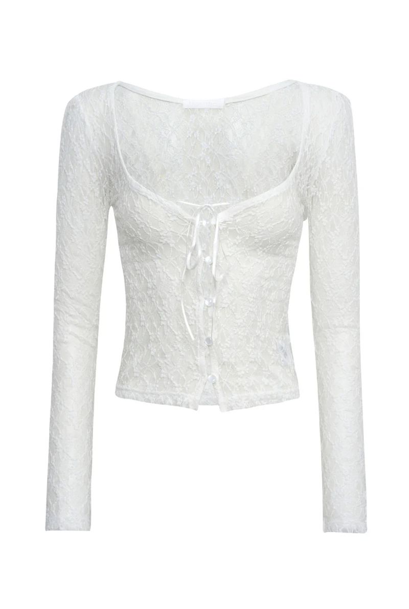 threetimes（スリータイムズ）の「【即日発送】Romantic lace cardigan - white     （Tops）」