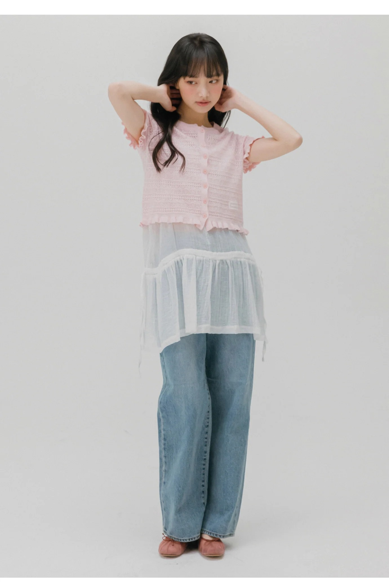 CROCHET SHORT-SLEEVED KNIT CARDIGAN (LIGHT PINK)