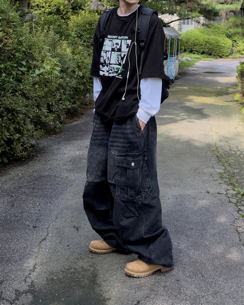 Bern diagonal cargo wide denim pants