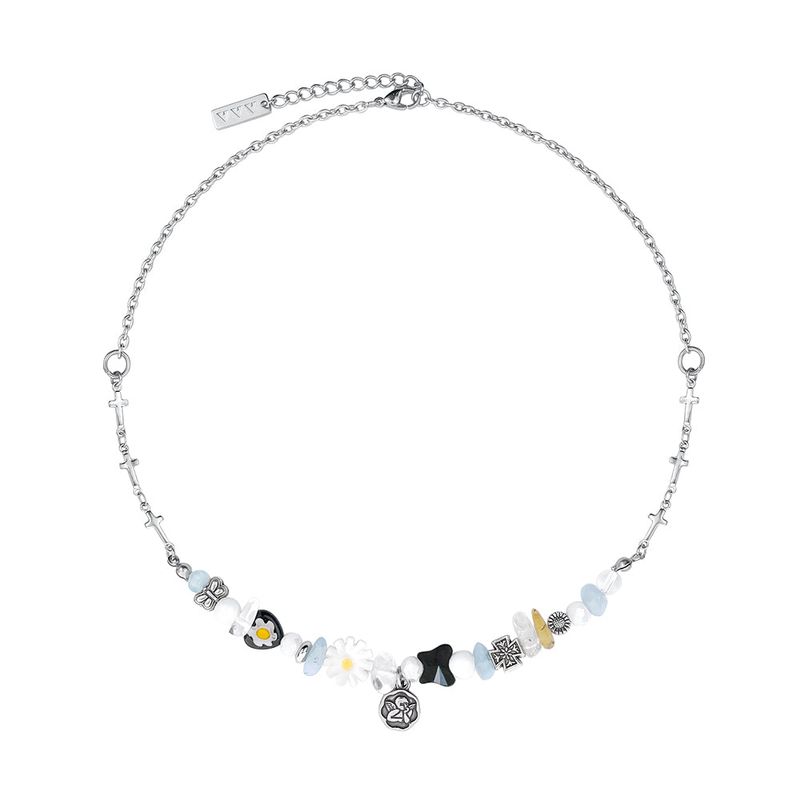 ANGEL FLOWER MIX BEADS CROSS CHAIN NECKLACE