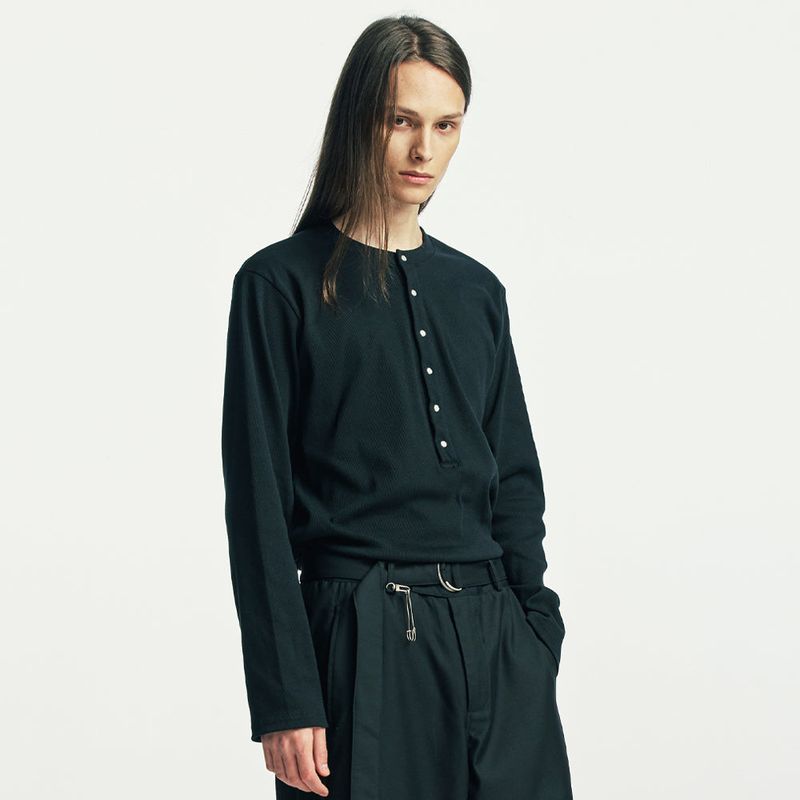 below button-down henry neck long sleeve black