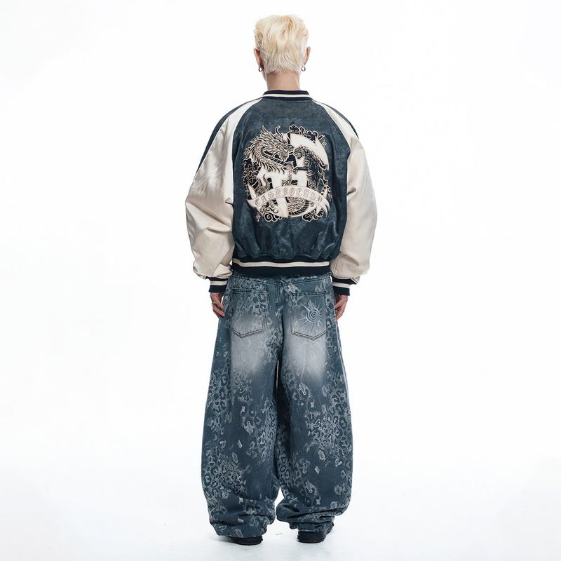 Sun Patch Leopard Balloon Denim Pants - BLACK
