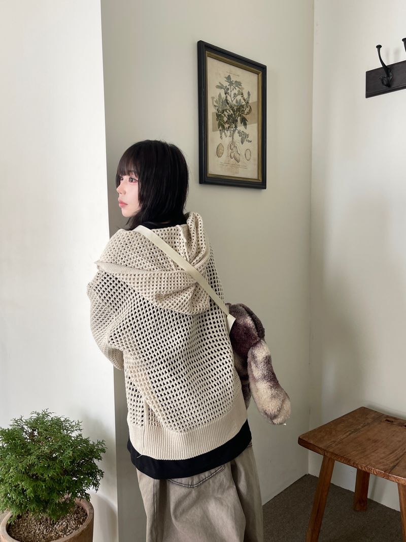Hoshi mesh hooded knit zip-up