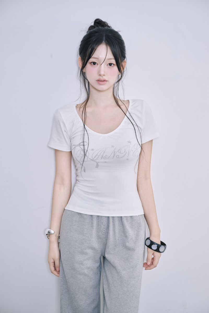 [MADE] Sparkle Rhinestone Ruched V-Neck Tee